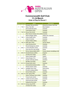 Commonwealth Golf Club 11-14 March Order of Play for Round 1