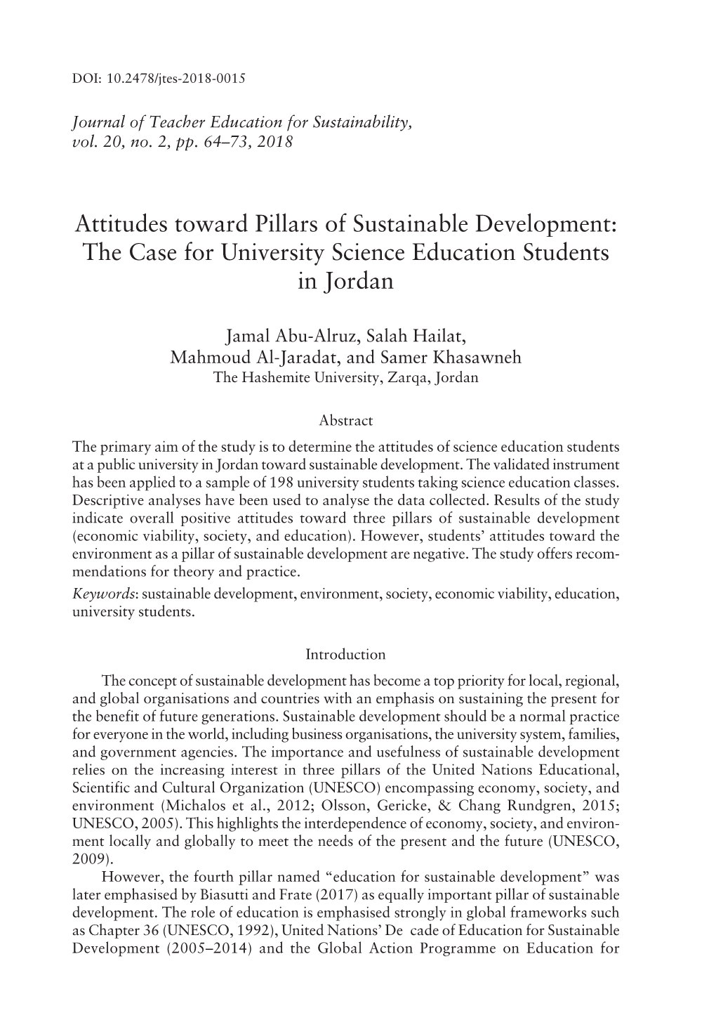 Attitudes Toward Pillars of Sustainable Development: the Case for University Science Education Students in Jordan