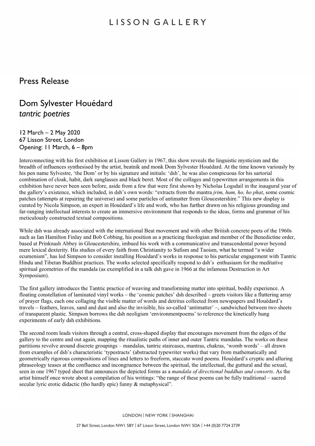 Press Release Dom Sylvester Houédard Tantric Poetries