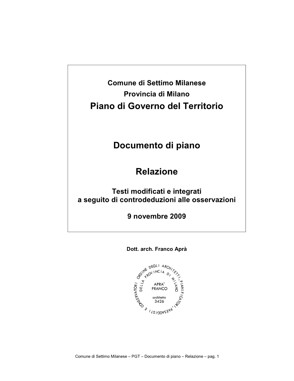 Piano Di Governo Del Territorio Documento Di Piano Relazione