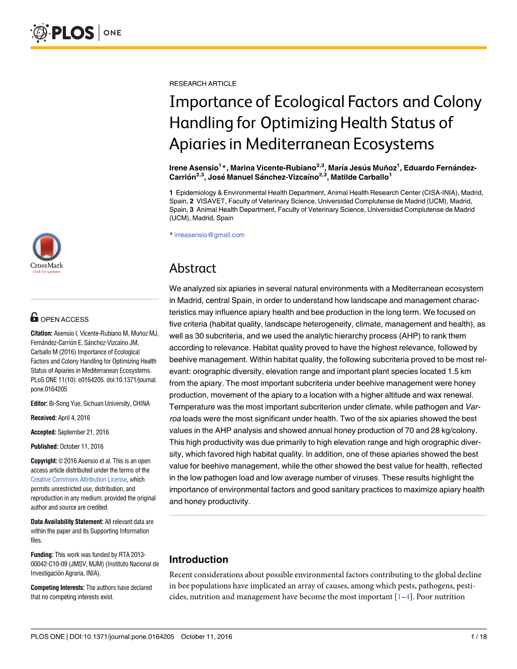 Importance of Ecological Factors and Colony Handling for Optimizing Health Status of Apiaries in Mediterranean Ecosystems