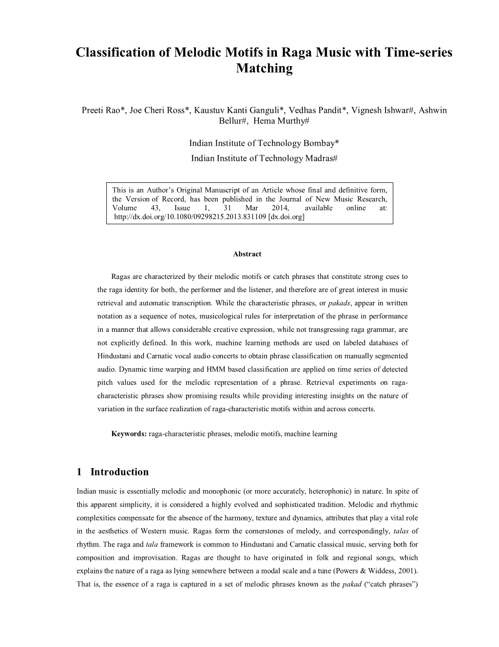 Classification of Melodic Motifs in Raga Music with Time-Series Matching