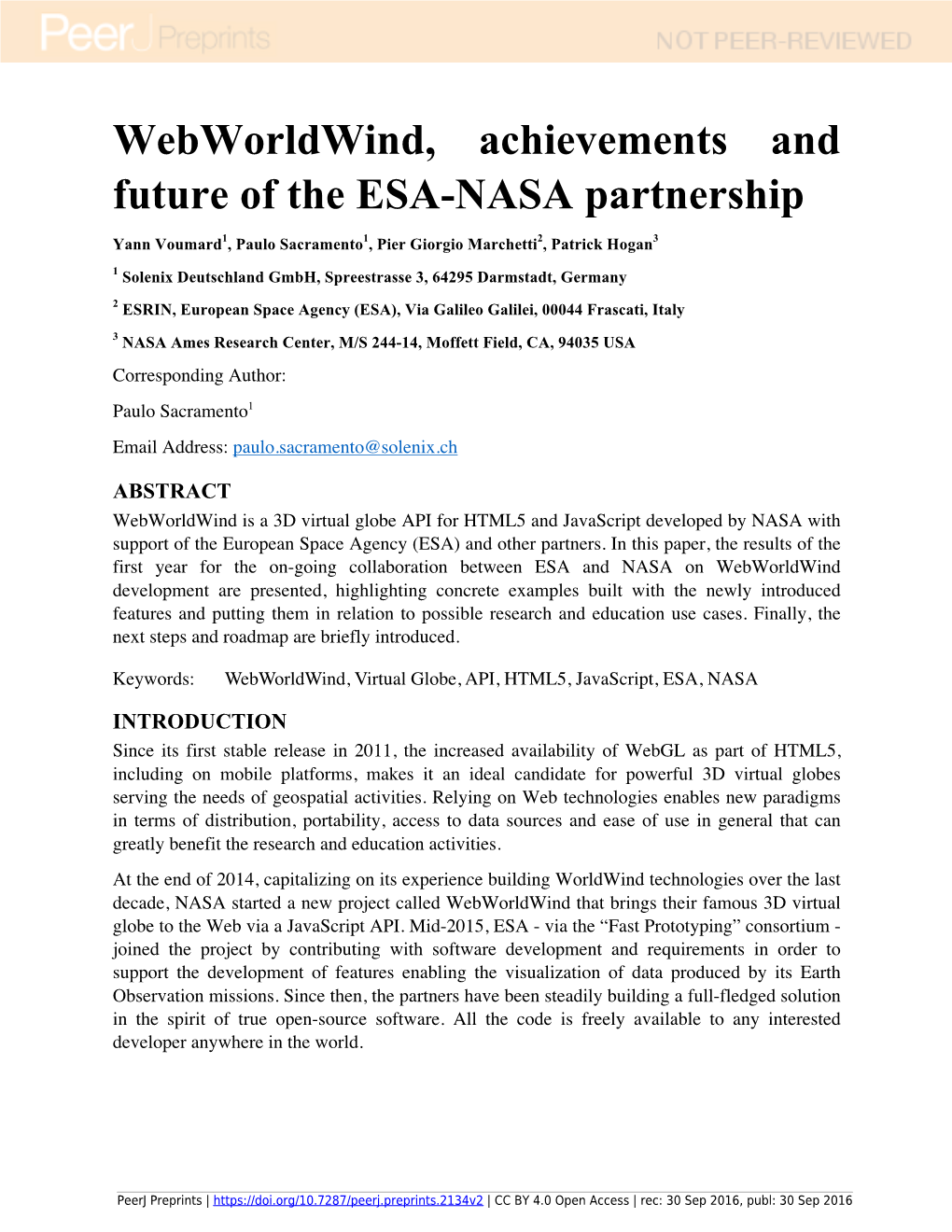 Webworldwind, Achievements and Future of the ESA-NASA Partnership