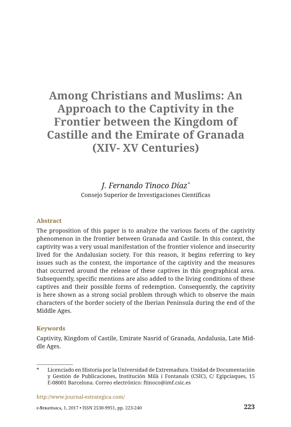 Captivity in the Frontier Between the Kingdom of Castille and the Emirate of Granada (XIV- XV Centuries)