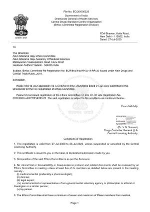 File No. EC/20/000225 Government of India Directorate General of Health Services Central Drugs Standard Control Organization (Ethics Committee Registration Division)