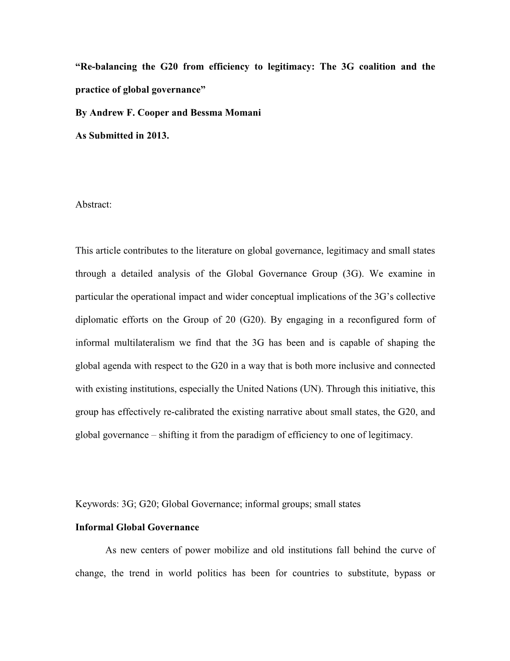 “Re-Balancing the G20 from Efficiency to Legitimacy: the 3G Coalition and the Practice of Global Governance”