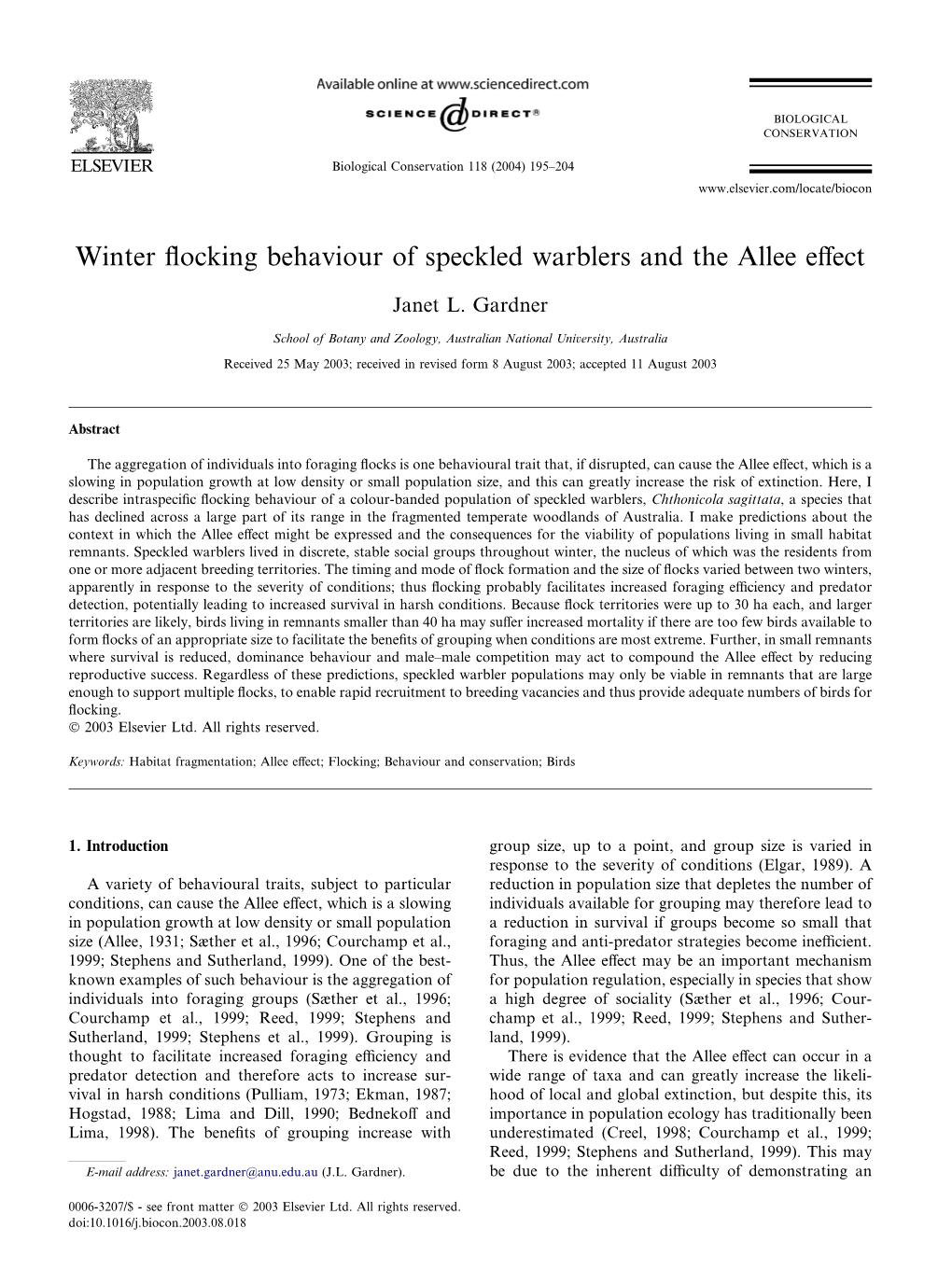 Winter Flocking Behaviour of Speckled Warblers and the Allee Effect