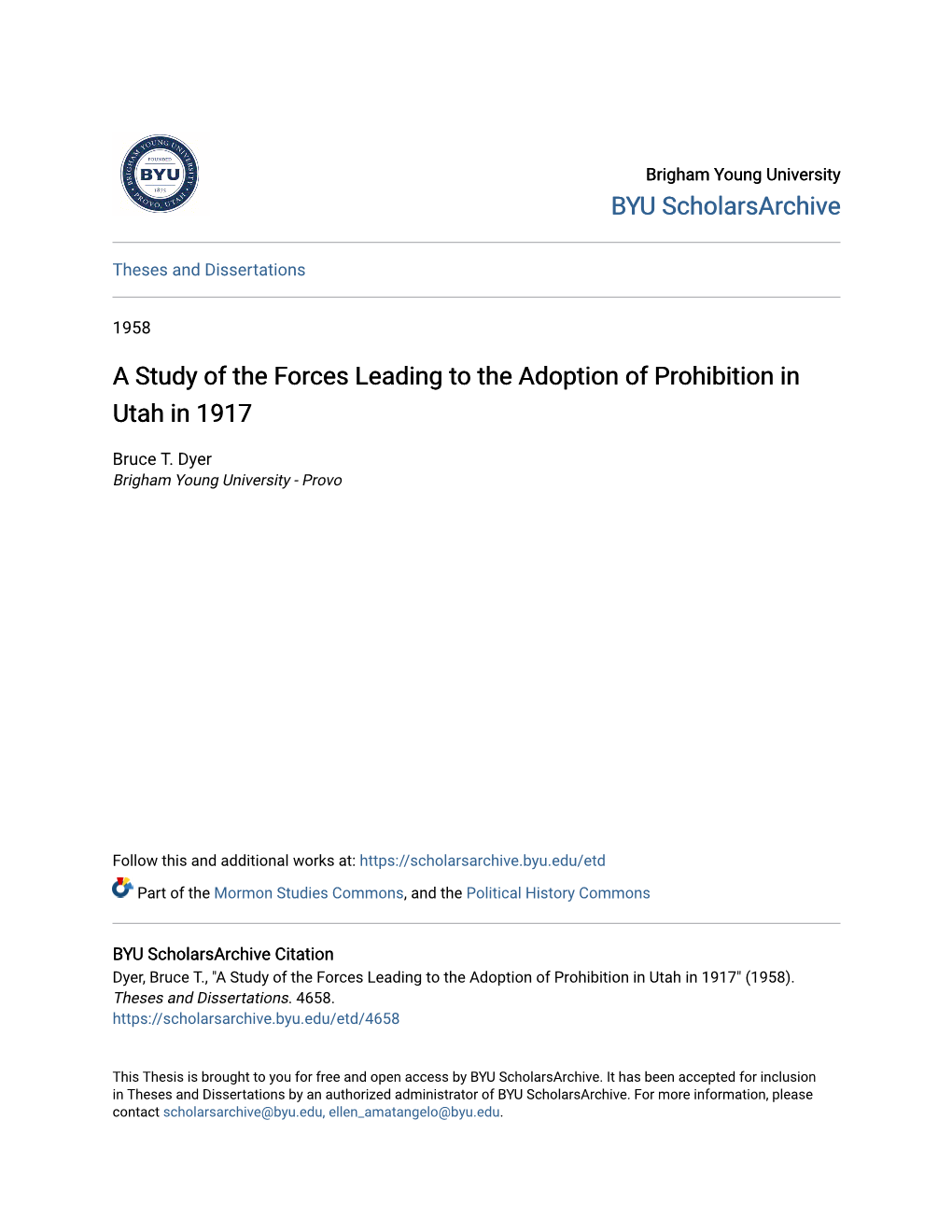 A Study of the Forces Leading to the Adoption of Prohibition in Utah in 1917