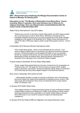 DRC - Researched and Compiled by the Refugee Documentation Centre of Ireland on Monday 16 February 2015