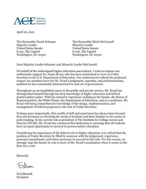 Letter to Senate Leadership in Support of the Nomination of James