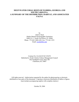 Deep-Water Coral Reefs of Florida, Georgia and South Carolina: a Summary of the Distribution, Habitat, and Associated Fauna