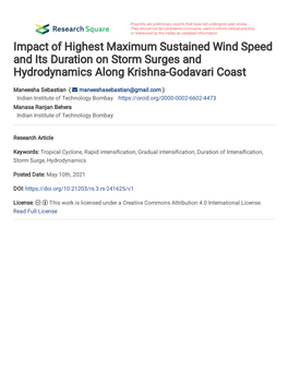 1 Impact of Highest Maximum Sustained Wind Speed and Its Duration on Storm Surges and 1 Hydrodynamics Along Krishna-Godavari