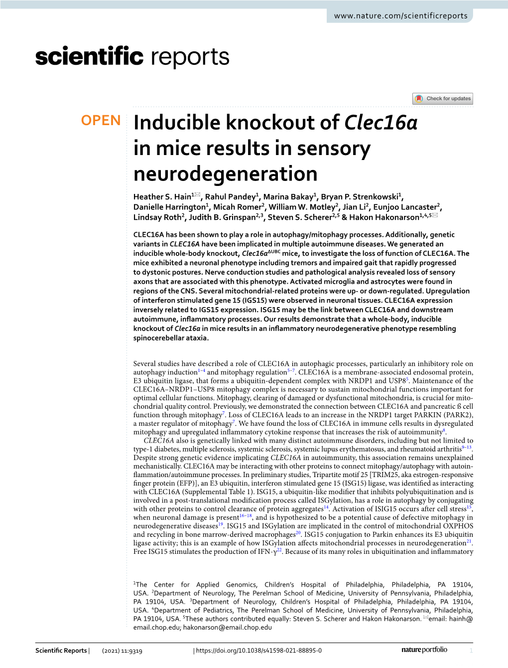 Inducible Knockout of Clec16a in Mice Results in Sensory Neurodegeneration Heather S