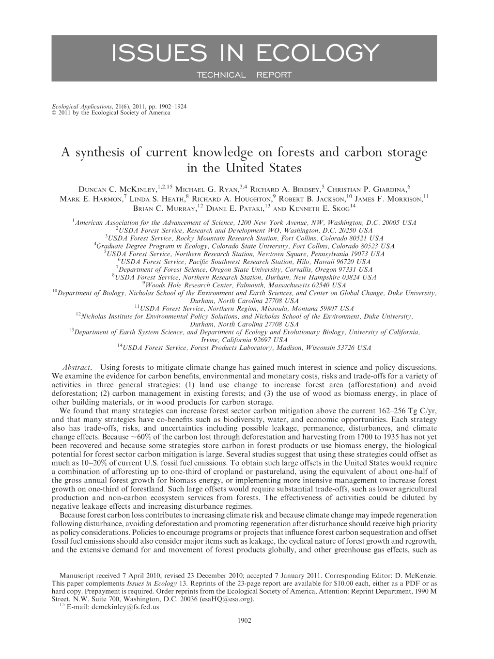 A Synthesis of Current Knowledge on Forests and Carbon Storage in the United States