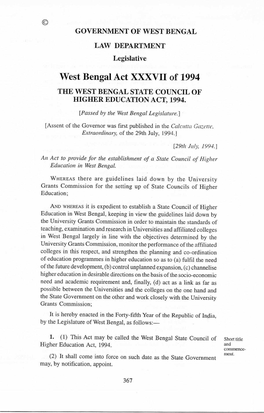 West Bengal Act XXXVII of 1994 the WEST BENGAL STATE COUNCIL of HIGHER EDUCATION ACT, 1994