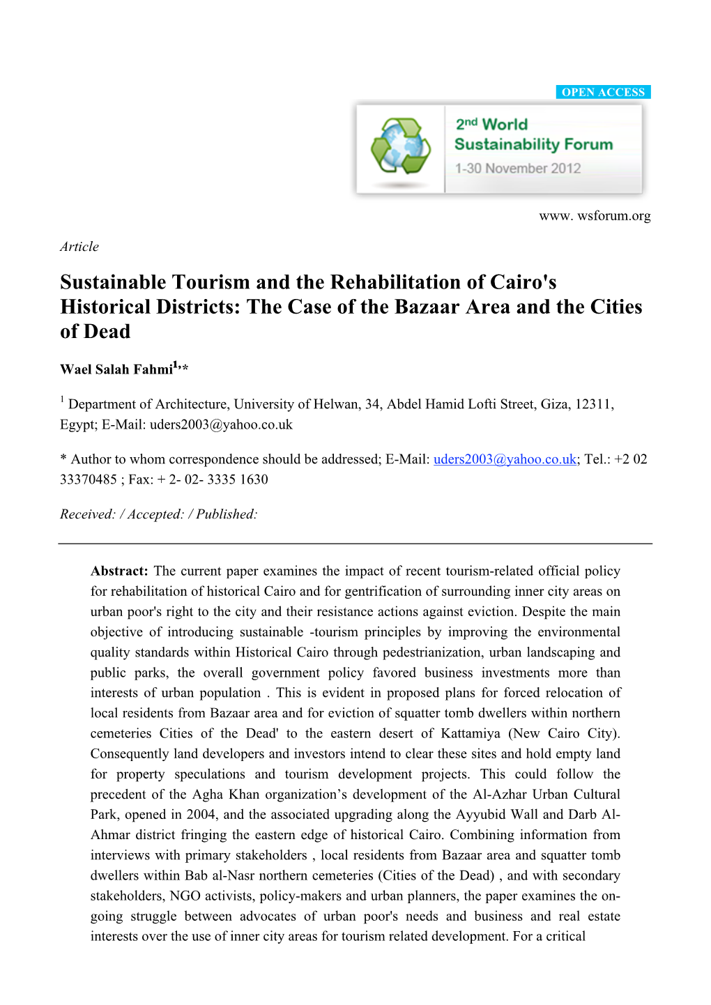 Sustainable Tourism and the Rehabilitation of Cairo's Historical Districts: the Case of the Bazaar Area and the Cities of Dead