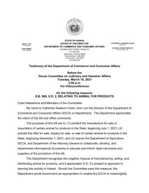Testimony of the Department of Commerce and Consumer Affairs