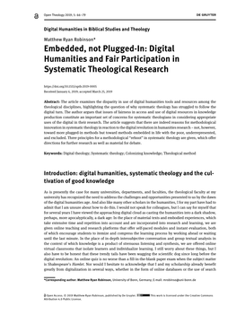 Embedded, Not Plugged-In: Digital Humanities and Fair Participation in Systematic Theological Research