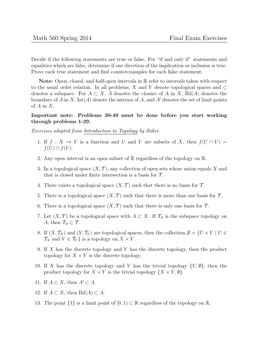 Math 560 Spring 2014 Final Exam Exercises