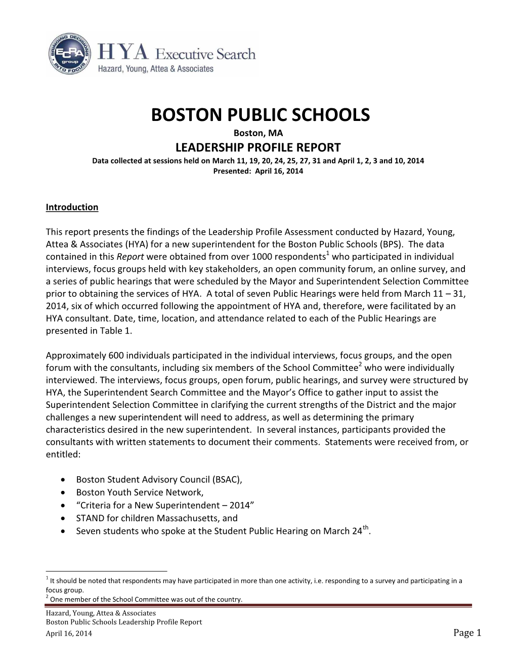Boston Public Schools Superintendent of Schools Desired Characteristics