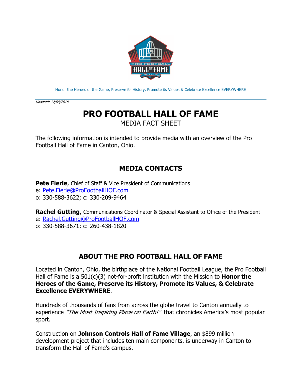 Pro Football Hall of Fame Media Fact Sheet