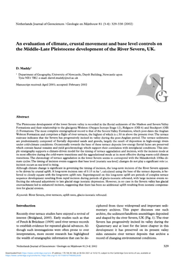 An Evaluation of Climate, Crustal Movement and Base Level Controls on the Middle-Late Pleistocene Development of the River Severn, UK