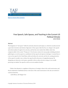 Free Speech, Safe Spaces, and Teaching in the Current US Political Climate Jaime Weida