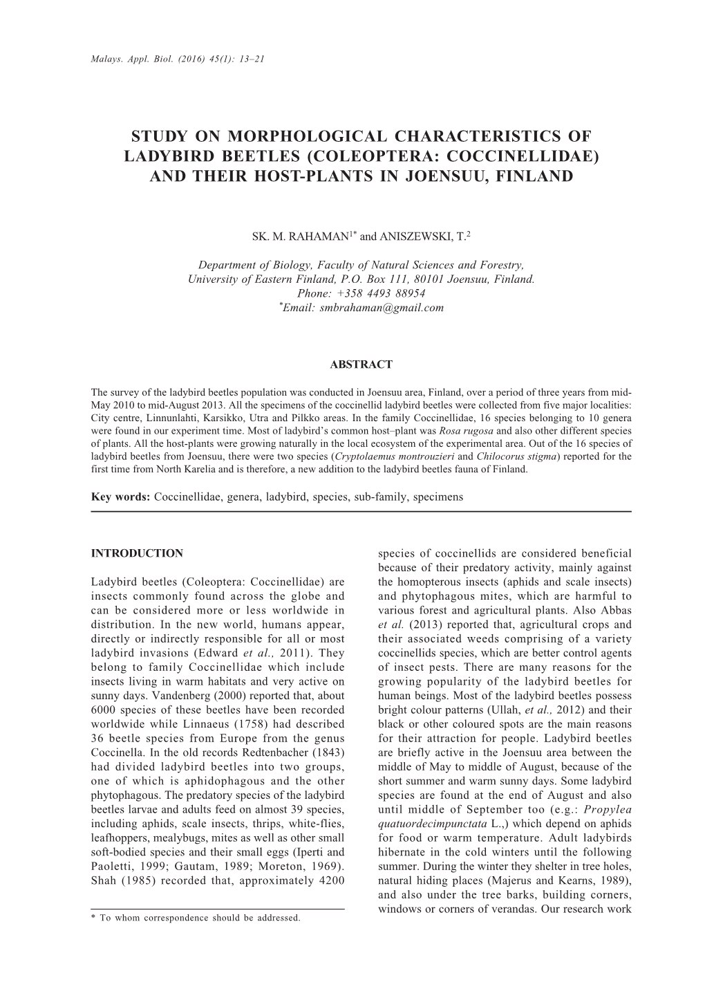 (Coleoptera: Coccinellidae) and Their Host-Plants in Joensuu, Finland