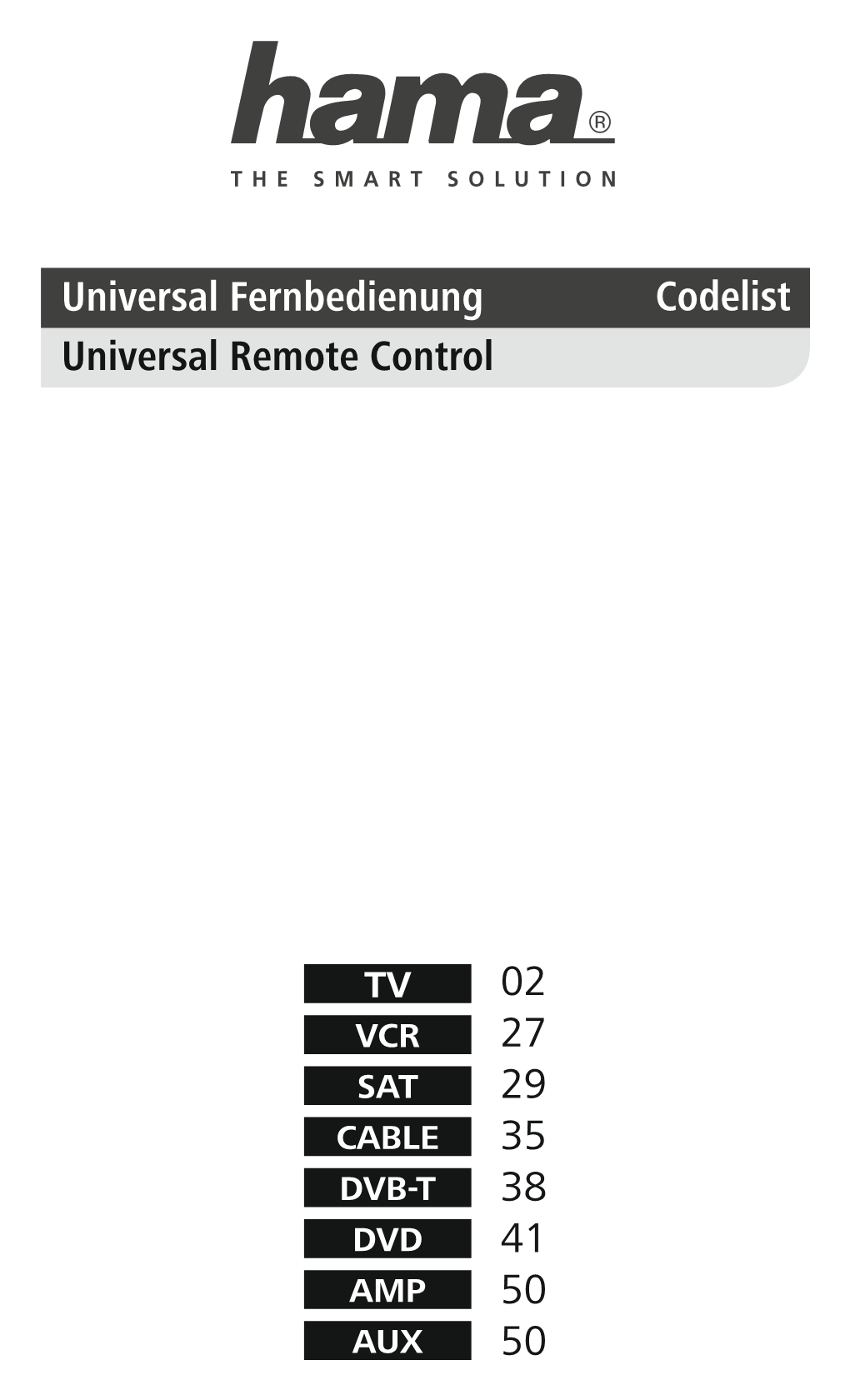 02 27 29 35 38 41 50 50 Universal Fernbedienung Universal Remote