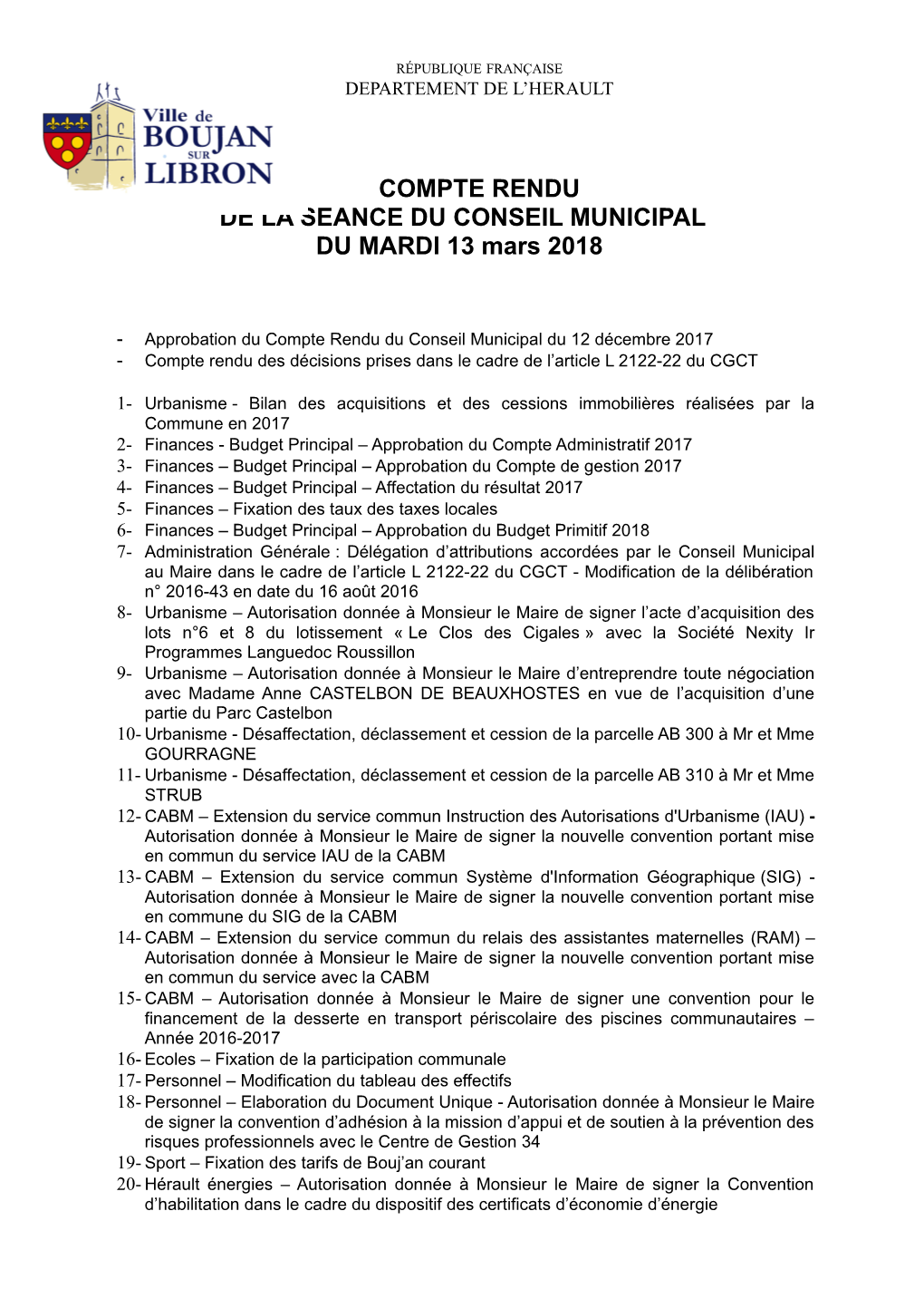 COMPTE RENDU DE LA SEANCE DU CONSEIL MUNICIPAL DU MARDI 13 Mars 2018