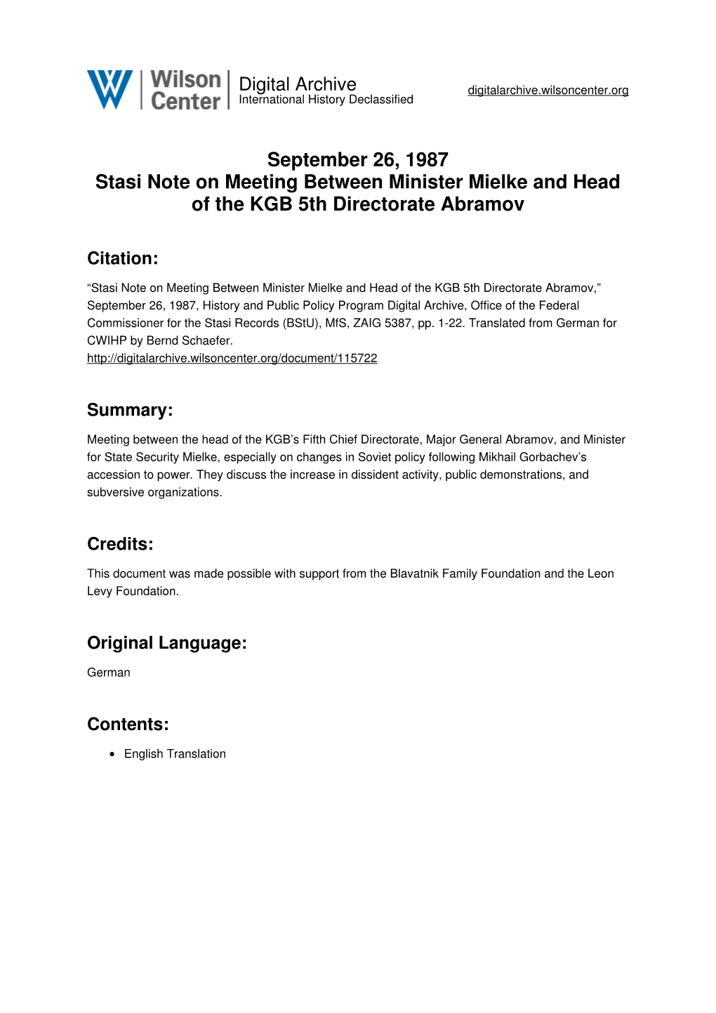 September 26, 1987 Stasi Note on Meeting Between Minister Mielke and Head of the KGB 5Th Directorate Abramov