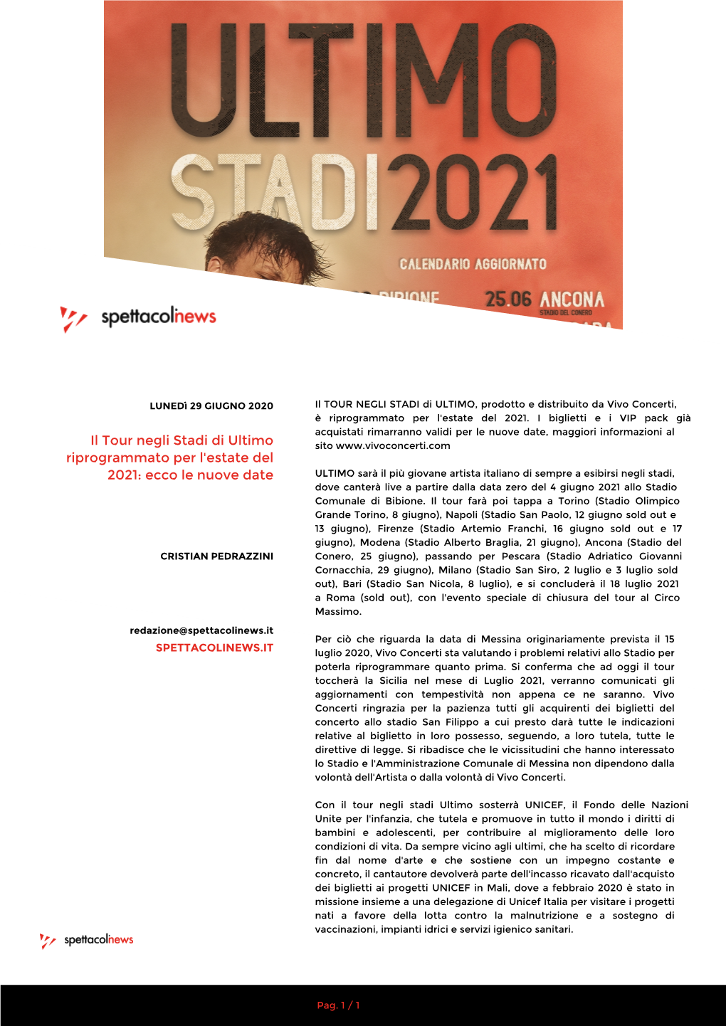 Il Tour Negli Stadi Di Ultimo Riprogrammato Per L'estate Del 2021