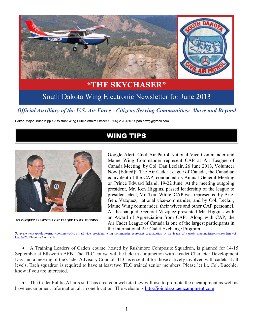 South Dakota Wing Electronic Newsletter for June 2013