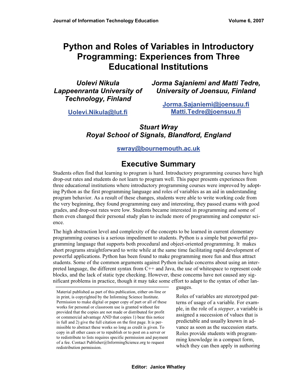 Python and Roles of Variables in Introductory Programming: Experiences from Three Educational Institutions