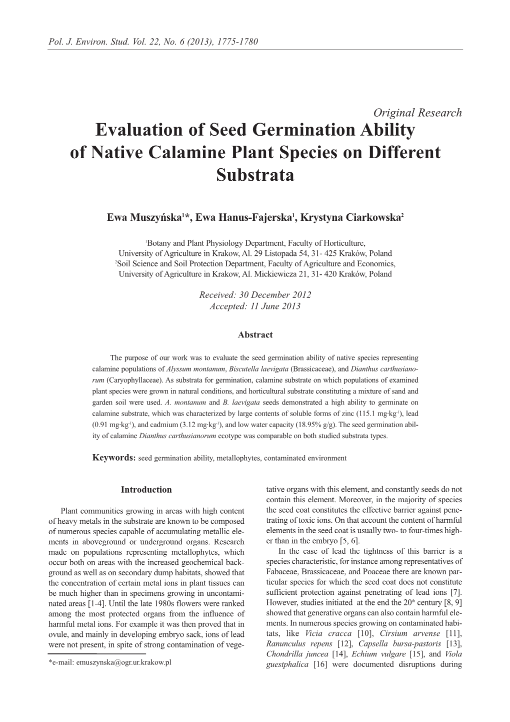 Evaluation of Seed Germination Ability of Native Calamine Plant Species on Different Substrata