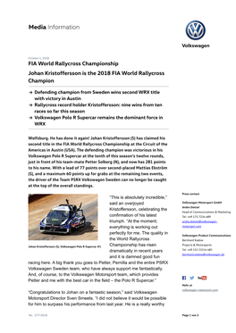 FIA World Rallycross Championship Johan Kristoffersson Is the 2018 FIA World Rallycross Champion