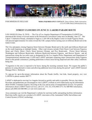 Street Closures on June 21: Lakers Parade Route