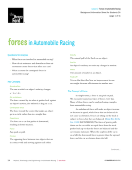 Forces in Automobile Racing Background Information Sheet for Students 2A (Page 1 of 5)