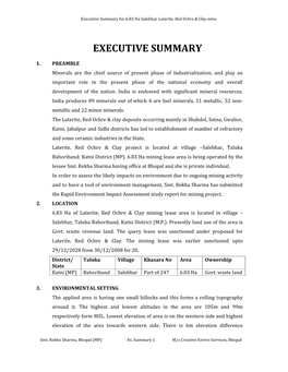Executive Summary for 6.83 Ha Salebhar Laterite, Red Ochre & Clay Mine