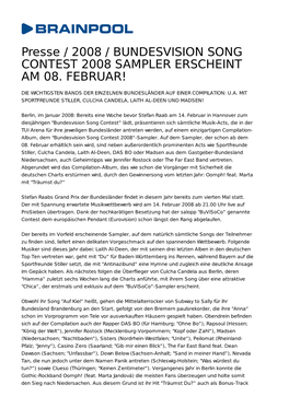 Presse / 2008 / BUNDESVISION SONG CONTEST 2008 SAMPLER ERSCHEINT AM 08. FEBRUAR!