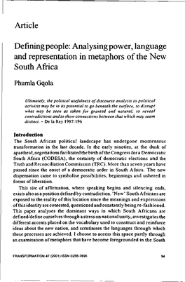 Analysing Power, Language and Representation in Metaphors of the New South Africa