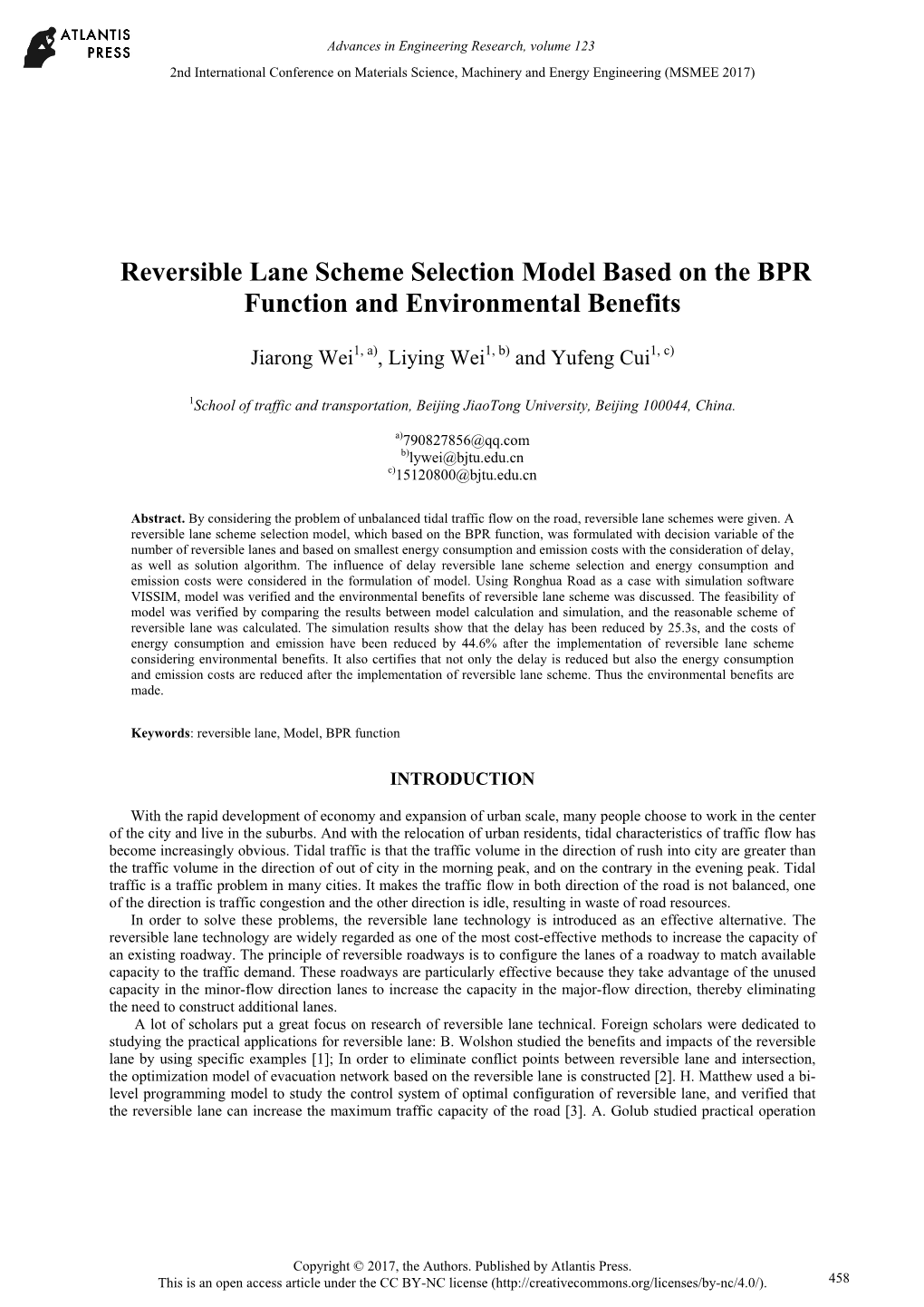 Reversible Lane Scheme Selection Model Based on the BPR Function and Environmental Benefits