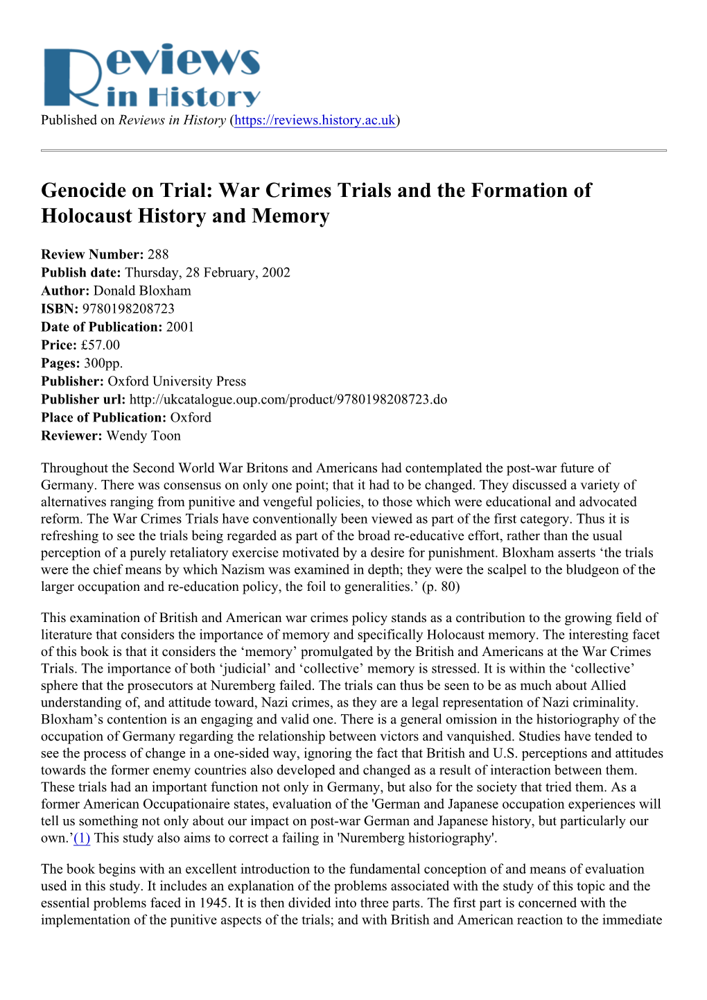 War Crimes Trials and the Formation of Holocaust History and Memory