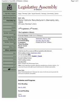 Bill 40, Motor Vehicle Manufacturer's Warranty Act, 2003