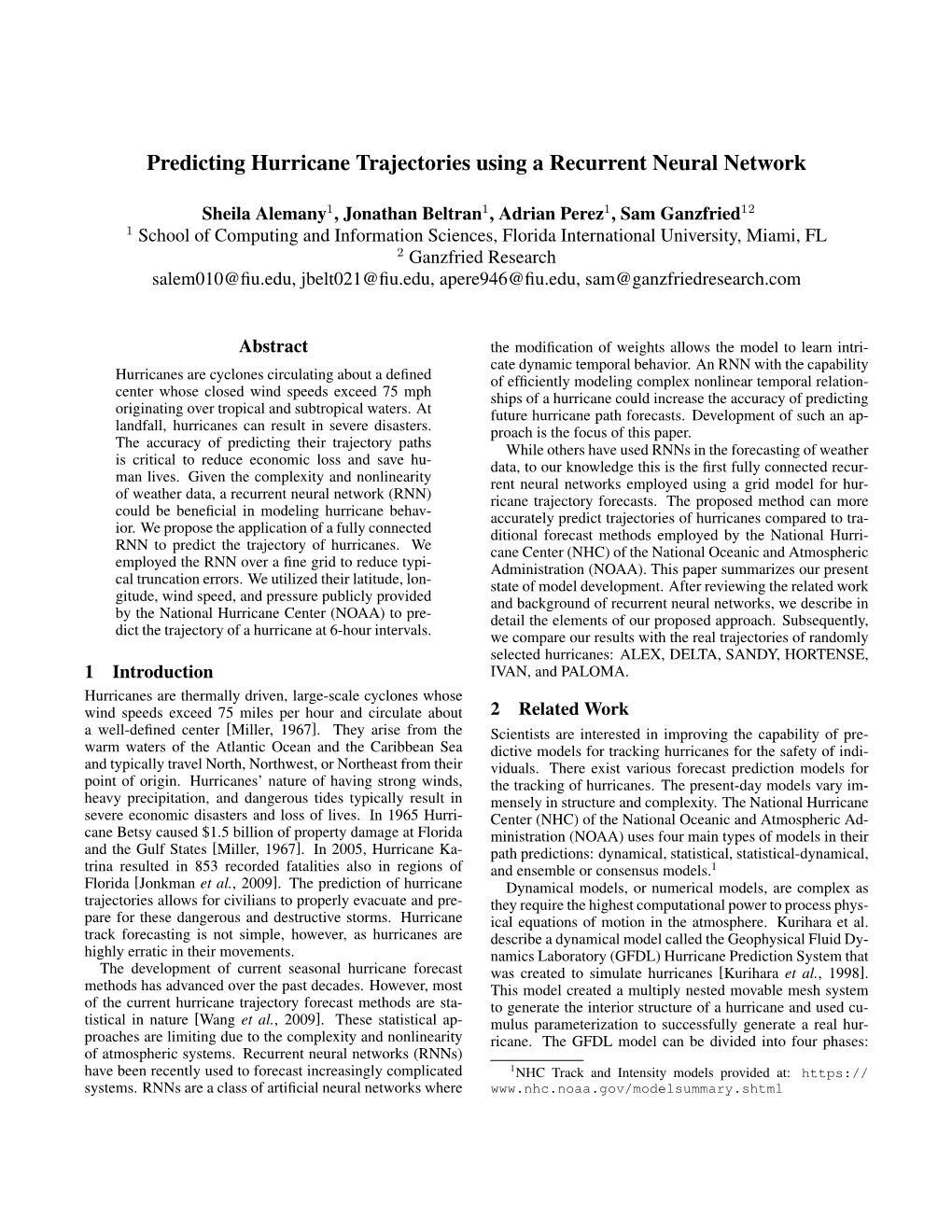 Predicting Hurricane Trajectories Using a Recurrent Neural Network