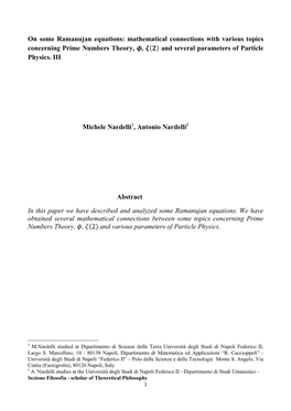 On Some Ramanujan Equations: Mathematical Connections with Various Topics Concerning Prime Numbers Theory, 흓, 휻(ퟐ) and Several Parameters of Particle Physics