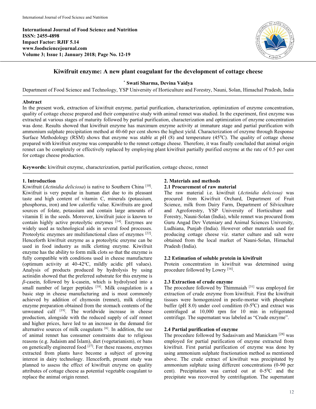 Kiwifruit Enzyme: a New Plant Coagulant for the Development of Cottage Cheese