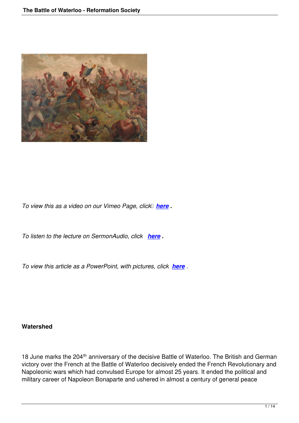 The Battle of Waterloo - Reformation Society