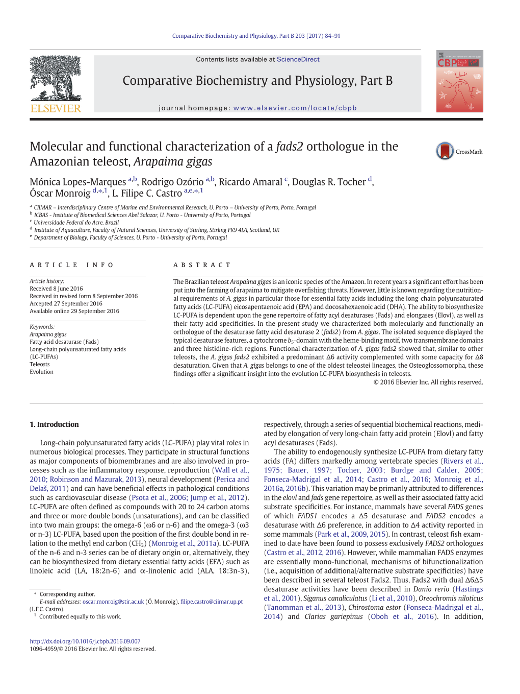 Molecular and Functional Characterization of a Fads2 Orthologue in the Amazonian Teleost, Arapaima Gigas