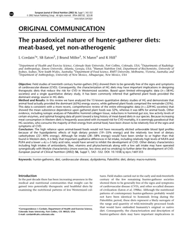 ORIGINAL COMMUNICATION the Paradoxical Nature of Hunter-Gatherer Diets: Meat-Based, Yet Non-Atherogenic